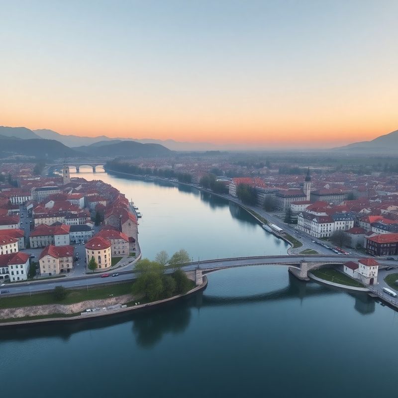 Pogled na Ptuj z reko Dravo v jutranji svetlobi